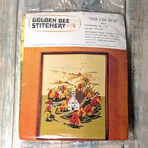 Vintage Crewel Embroidery Kit The Church Golden Bee Stitchery #612 1976